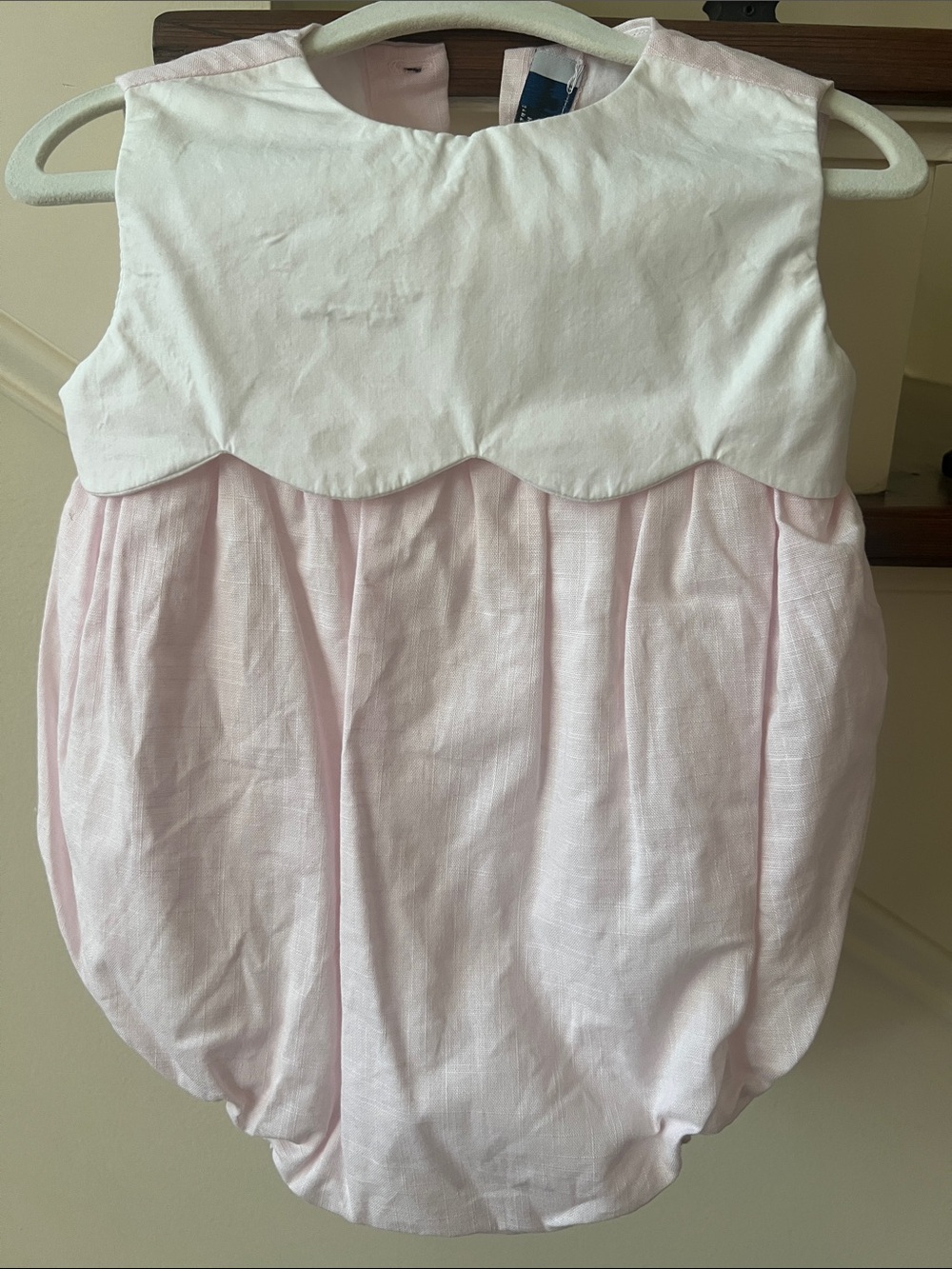 Sophie & Lucas Sleeveless Pink and White Scalloped Linen Baby Bubble One-Piece